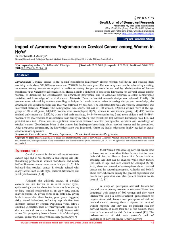 (PDF) Impact of Awareness Programme on Cervical Cancer among Women in Hofuf