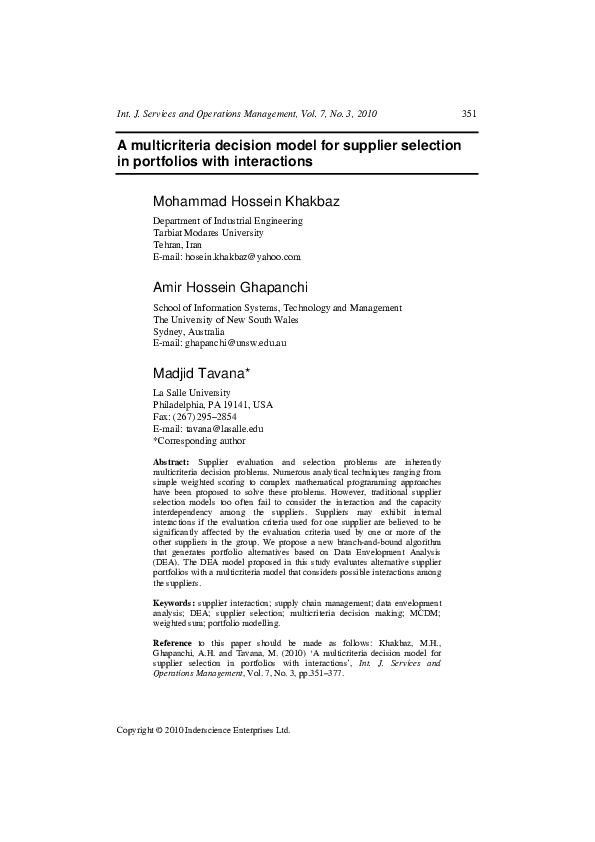 (PDF) A multicriteria decision model for supplier selection in ...