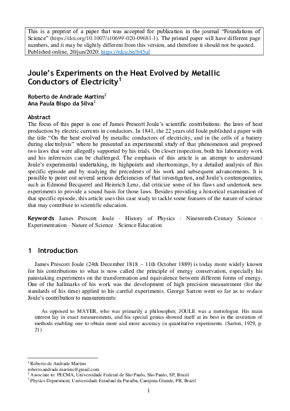 (PDF) Joule’s Experiments on the Heat Evolved by Metallic Conductors of