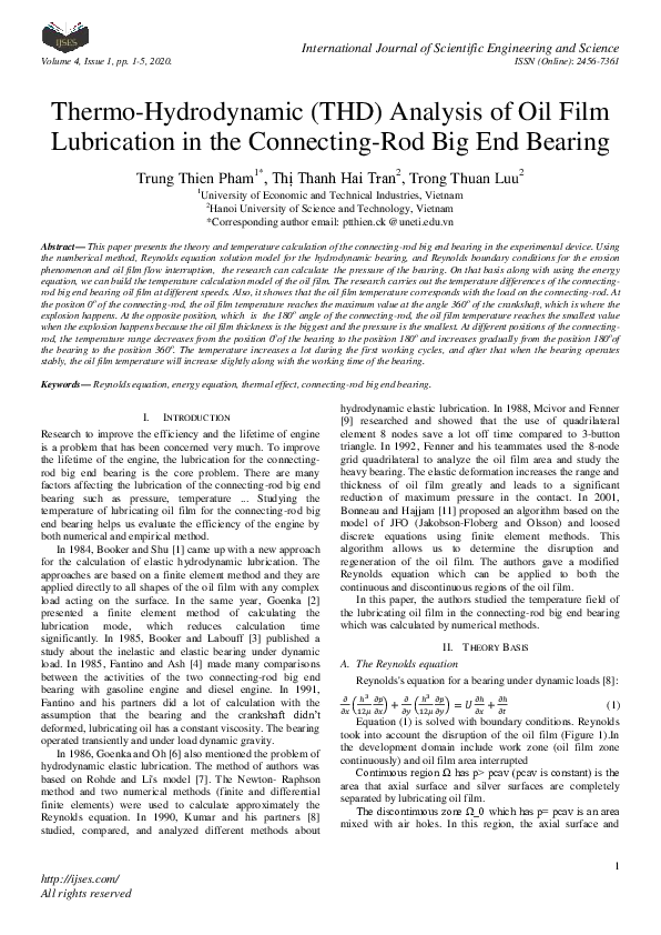 (PDF) Thermo-Hydrodynamic (THD) Analysis of Oil Film Lubrication in the ...
