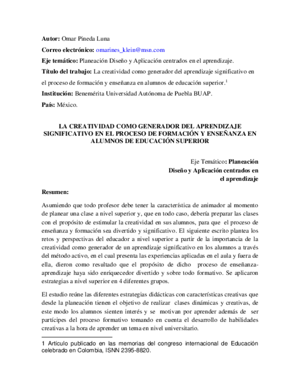 (PDF) La creatividad como generador del aprendizaje significativo en el ...