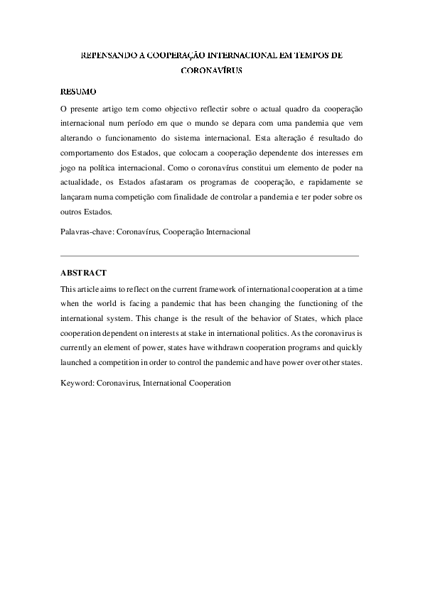 (PDF) REPENSANDO A COOPERACAO INTERNACIONAL EM TEMPOS DE CORONAVÍRUS