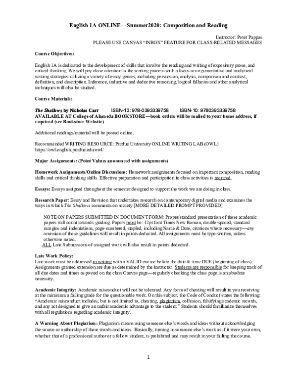 (DOC) English 1A ONLINESummer2020 Composition and Reading Instructor