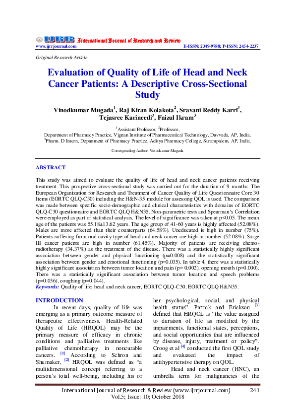(PDF) Evaluation of Quality of Life of Head and Neck Cancer Patients: A ...