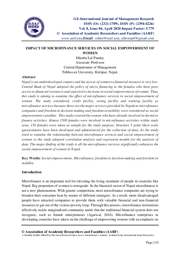 (PDF) IMPACT OF MICROFINANCE SERVICES ON SOCIAL EMPOWERMENT OF WOMEN