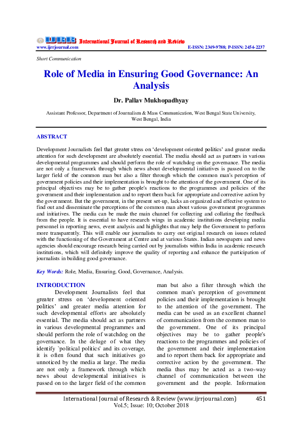 (PDF) Role of Media in Ensuring Good Governance: An Analysis