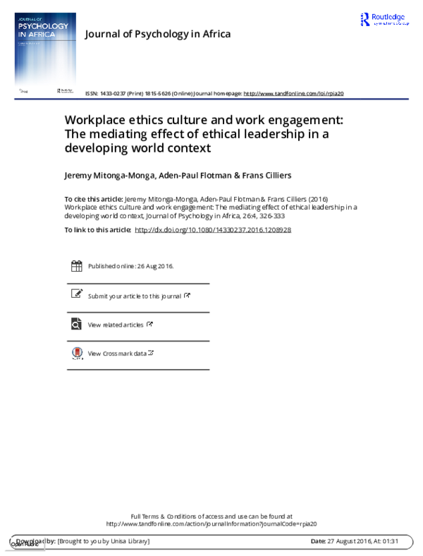 (PDF) Workplace ethics culture and work engagement: The mediating ...
