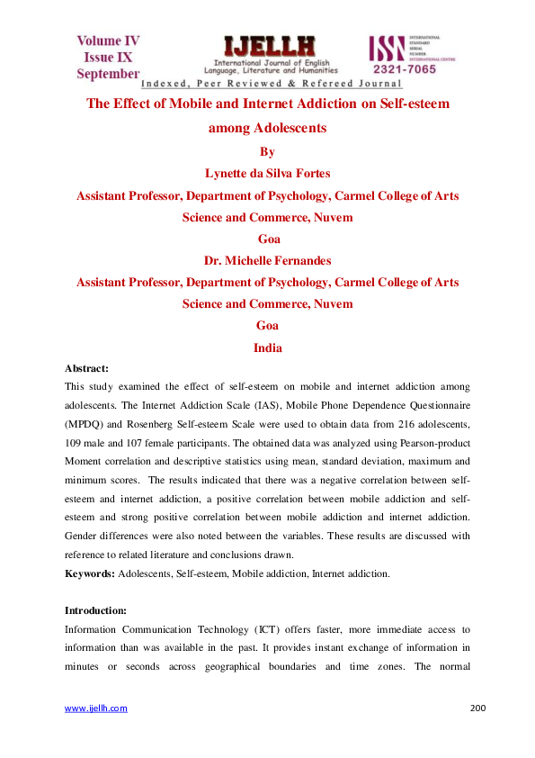 (PDF) The Effect of Mobile and Internet Addiction on Self-esteem among ...