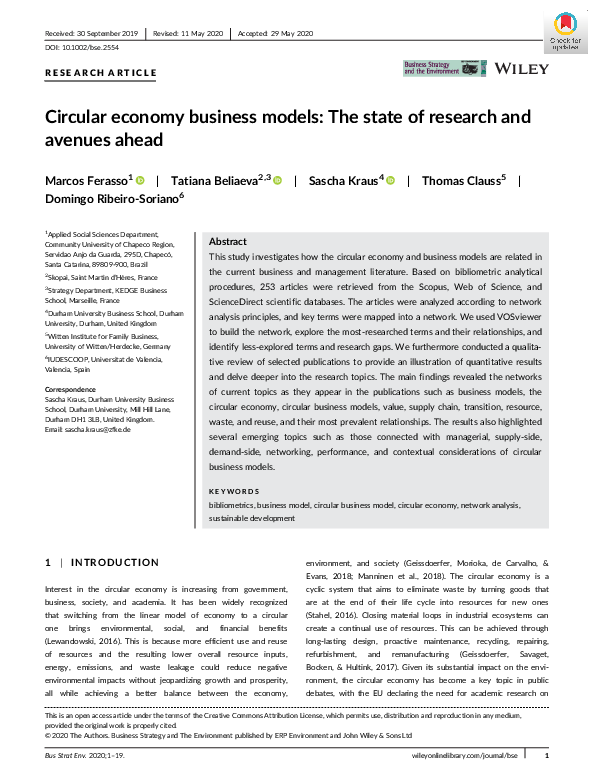 (PDF) Circular economy business models: The state of research and ...