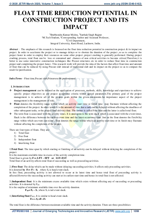 (PDF) FLOAT TIME REDUCTION POTENTIAL IN CONSTRUCTION PROJECT AND IT'S