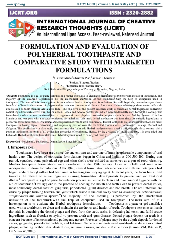 (PDF) FORMULATION AND EVALUATION OF POLYHERBAL TOOTHPASTE AND ...
