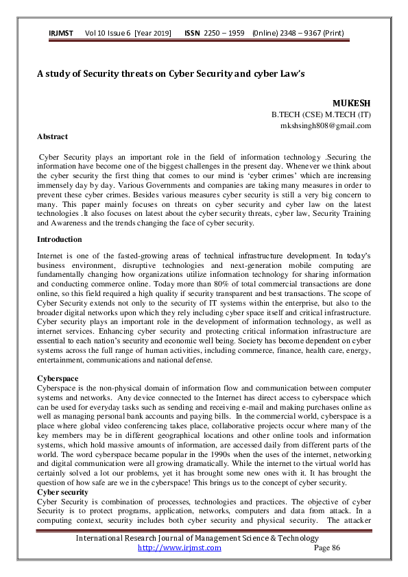 (PDF) A study of Security threats on Cyber Security and cyber Laws