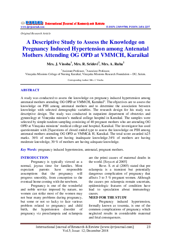 (PDF) A Descriptive Study to Assess the Knowledge on Pregnancy Induced ...