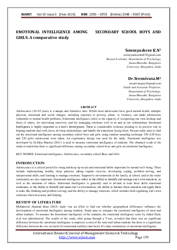 (PDF) EMOTIONAL INTELLIGENCE AMONG SECONDARY SCHOOL BOYS AND GIRLS: A ...