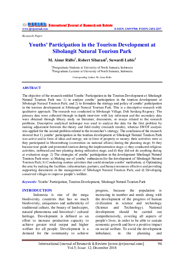 (PDF) Youths' Participation in the Tourism Development at Sibolangit ...