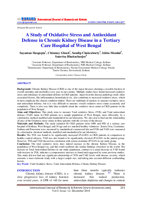 (PDF) A Study of Oxidative Stress and Antioxidant Defense in Chronic ...