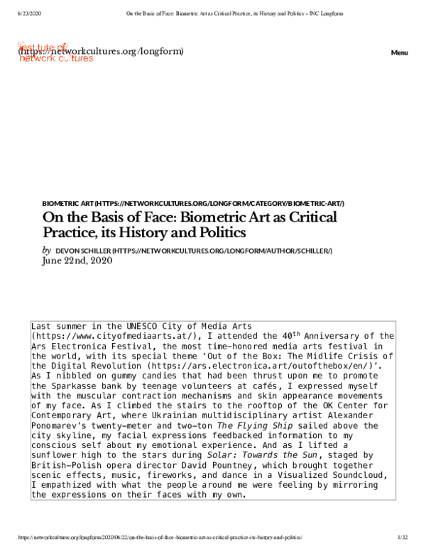 (PDF) On the Basis of Face: Biometric Art as Critical Practice, its ...