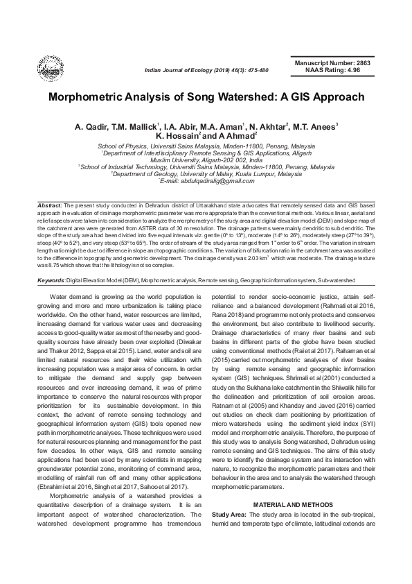 (PDF) Morphometric Analysis of Song Watershed: A GIS Approach ...