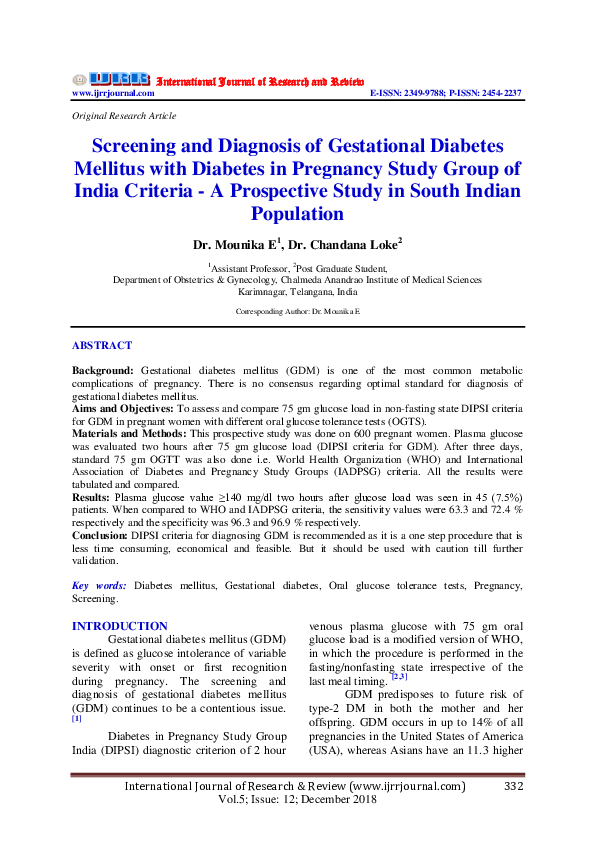 (PDF) Screening and Diagnosis of Gestational Diabetes Mellitus with ...