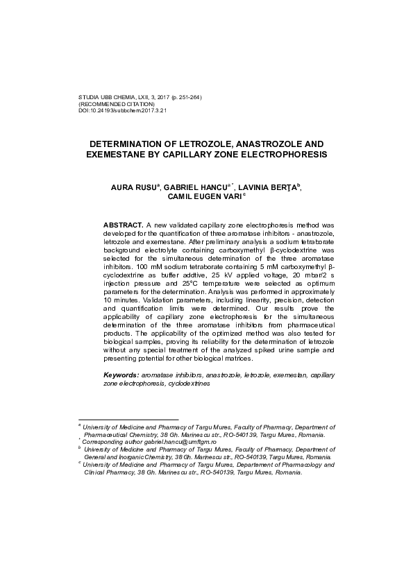 (PDF) DETERMINATION OF LETROZOLE, ANASTROZOLE AND EXEMESTANE BY CAPILLARY ZONE ELECTROPHORESIS