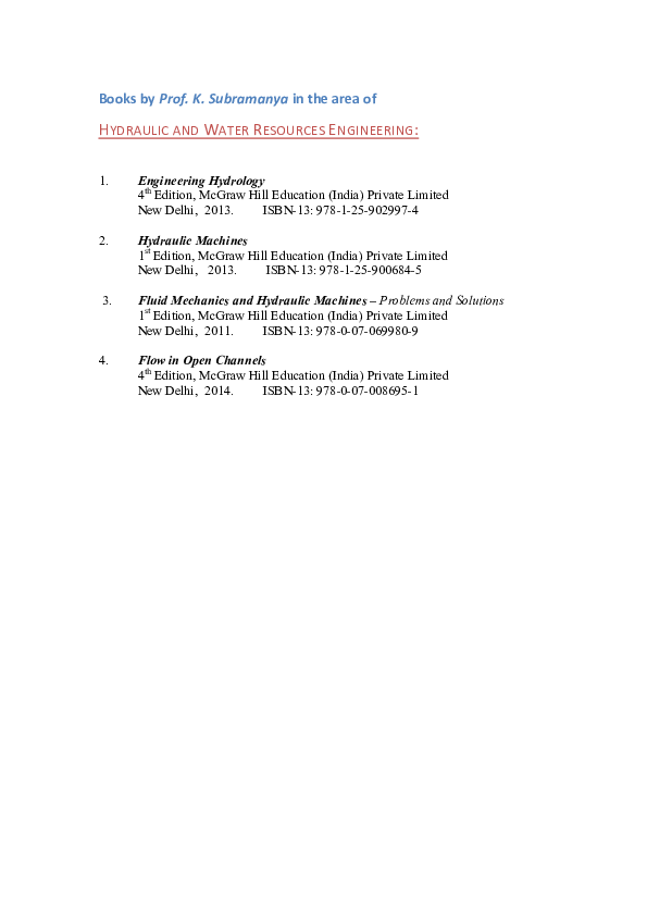 (PDF) Books by Prof. K. Subramanya in the area of HYDRAULIC AND WATER