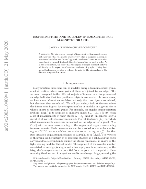 (PDF) ISOPERIMETRIC AND SOBOLEV INEQUALITIES FOR MAGNETIC GRAPHS