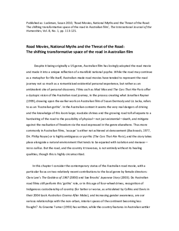 (PDF) Luckman, Susan 2010, ‘Road Movies, National Myths and the Threat ...