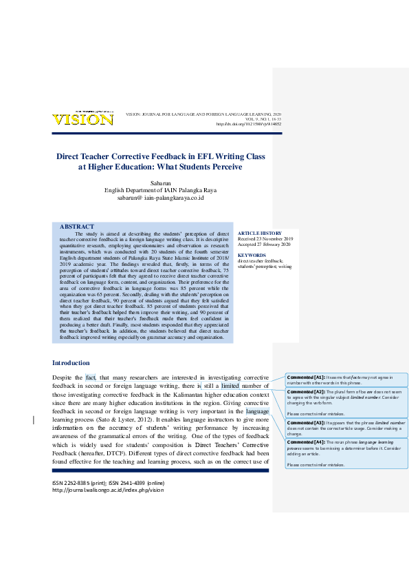 (PDF) Direct Teacher Corrective Feedback in EFL Writing Class at Higher ...