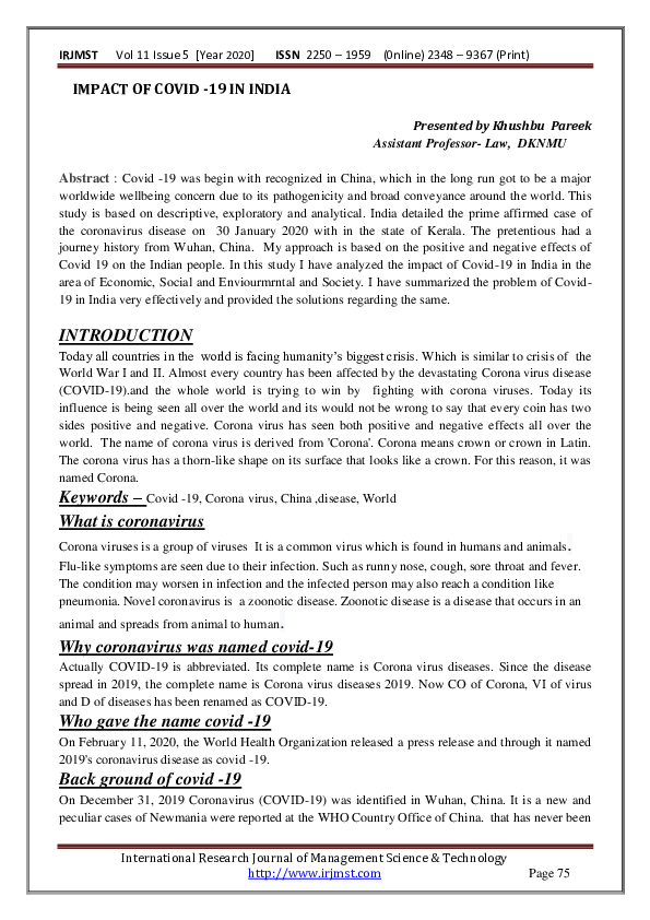 (PDF) IMPACT OF COVID -19 IN INDIA