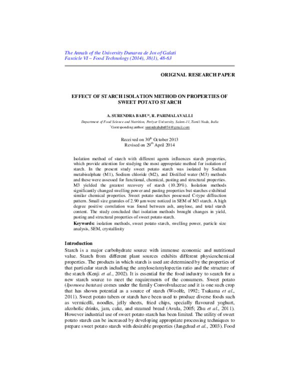 (PDF) EFFECT OF STARCH ISOLATION METHOD ON PROPERTIES OF SWEET POTATO