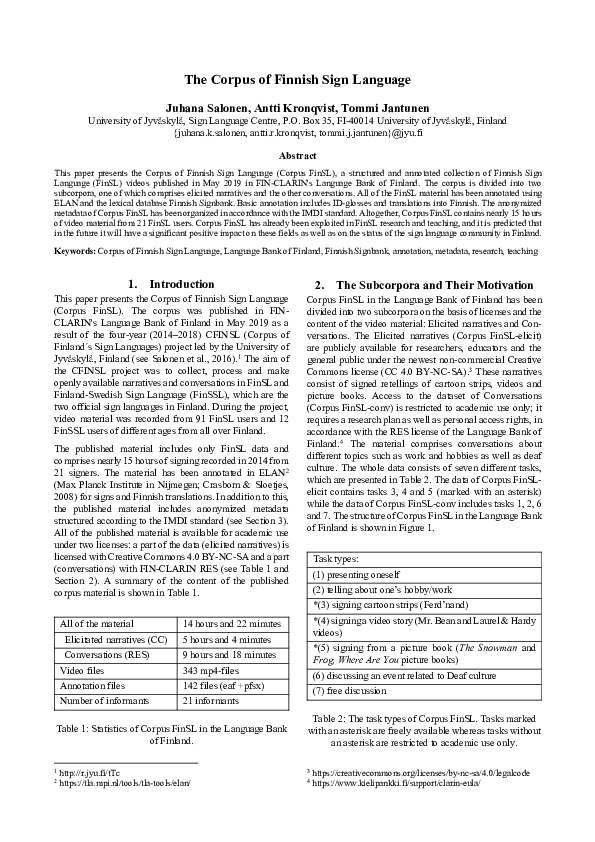 (PDF) The Corpus of Finnish Sign Language
