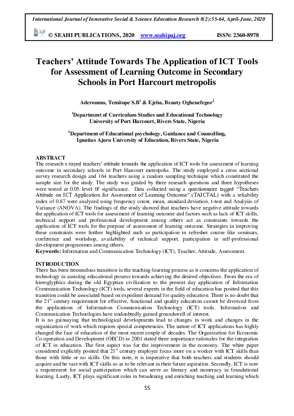 (PDF) Teachers' Attitude Towards The Application of ICT Tools for ...