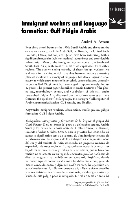(PDF) Immigrant workers and language formation: Gulf Pidgin Arabic
