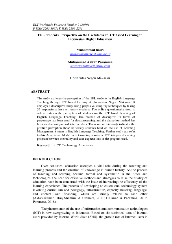(PDF) EFL Students' Perspective on the Usefulness of ICT based Learning ...