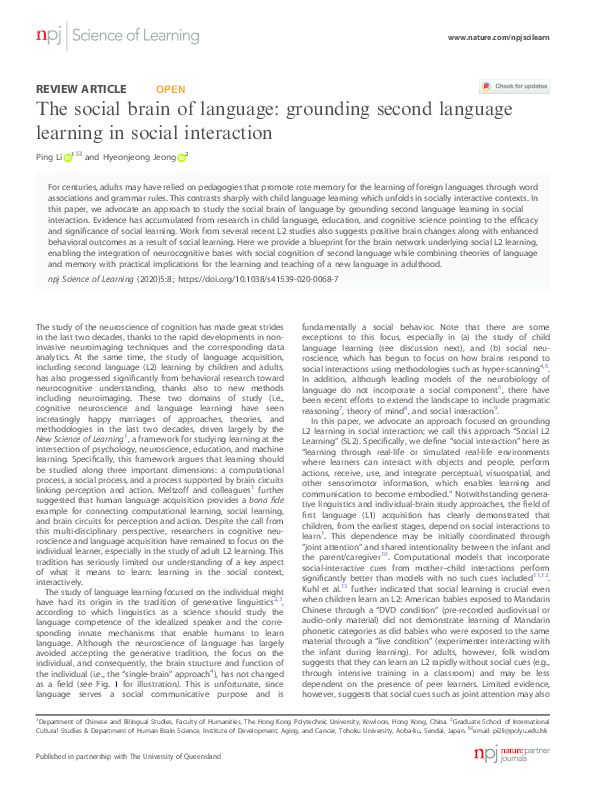 (PDF) The social brain of language: grounding second language learning ...