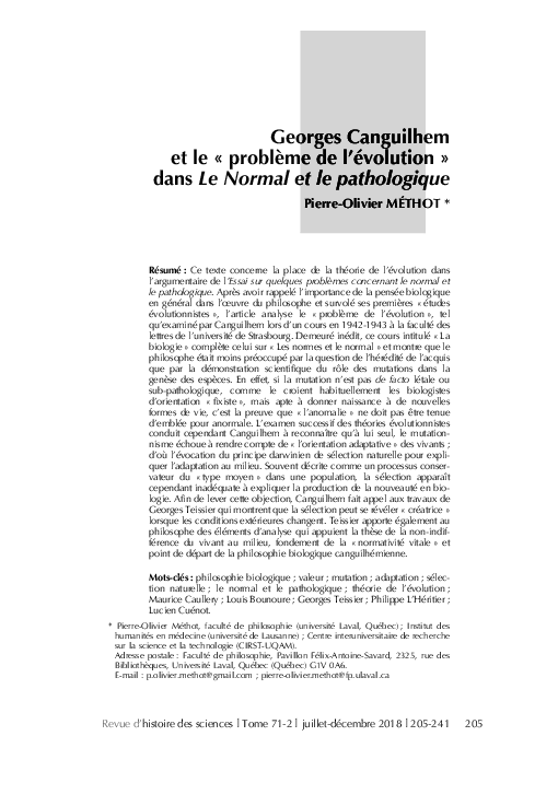 (PDF) Canguilhem et 'le problème de l'évolution' dans Le normal et le pathologique (PDF) Canguilhem et 'le problème de l'évolution' dans Le normal et le pathologique