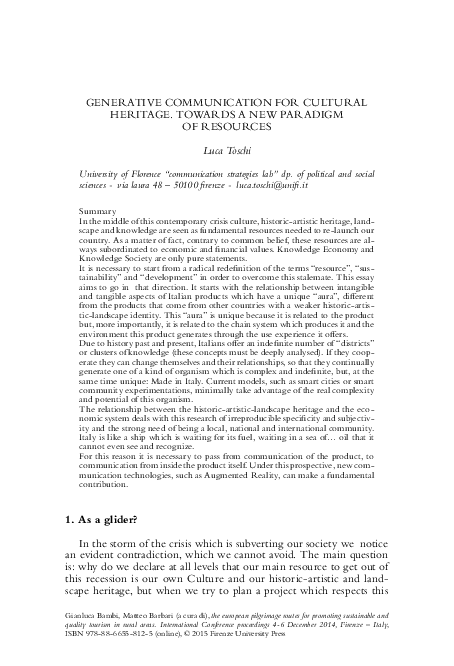 (PDF) GENERATIVE COMMUNICATION FOR CULTURAL HERITAGE. TOWARDS A NEW ...