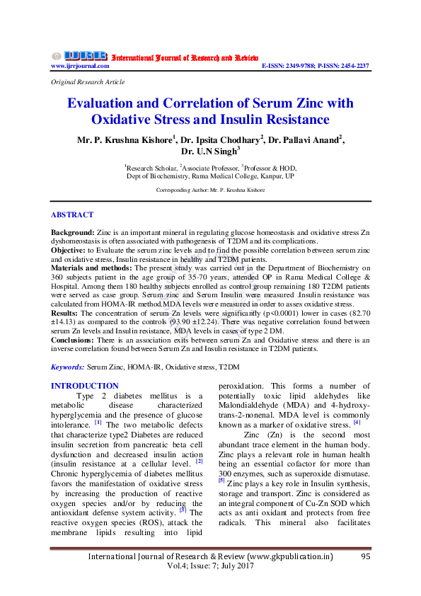 (PDF) Evaluation and Correlation of Serum Zinc with Oxidative Stress ...