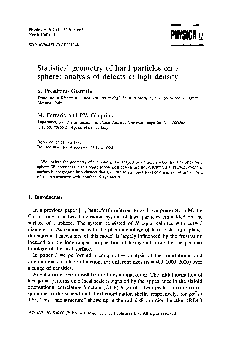(PDF) Statistical geometry of hard particles on a sphere: analysis of ...