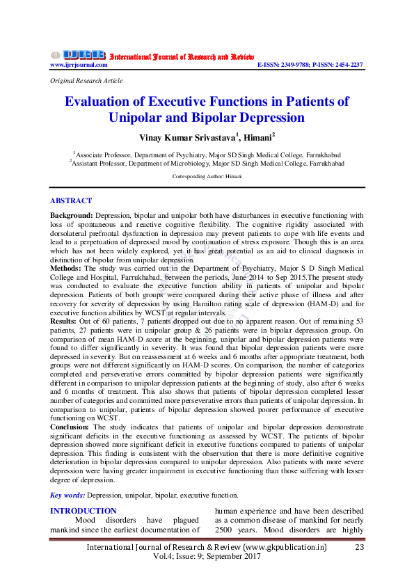 (PDF) Evaluation of Executive Functions in Patients of Unipolar and ...