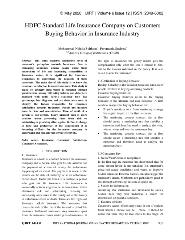 (PDF) HDFC Standard Life Insurance Company on Customers Buying Behavior ...