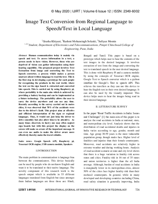 (PDF) Image Text Conversion from Regional Language to Speech/Text in ...
