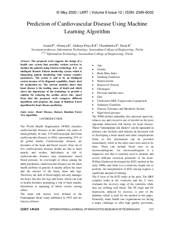(PDF) Prediction of Cardiovascular Disease Using Machine Learning ...