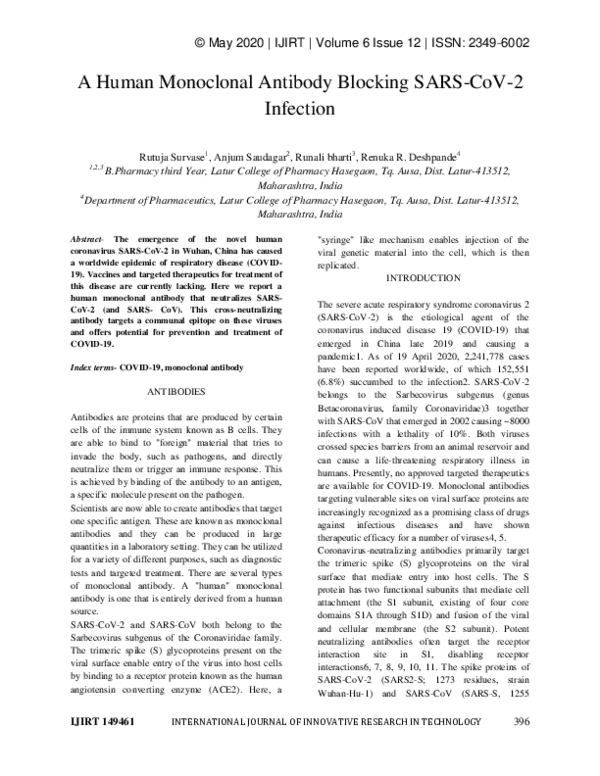 (PDF) A Human Monoclonal Antibody Blocking SARS-CoV-2 Infection