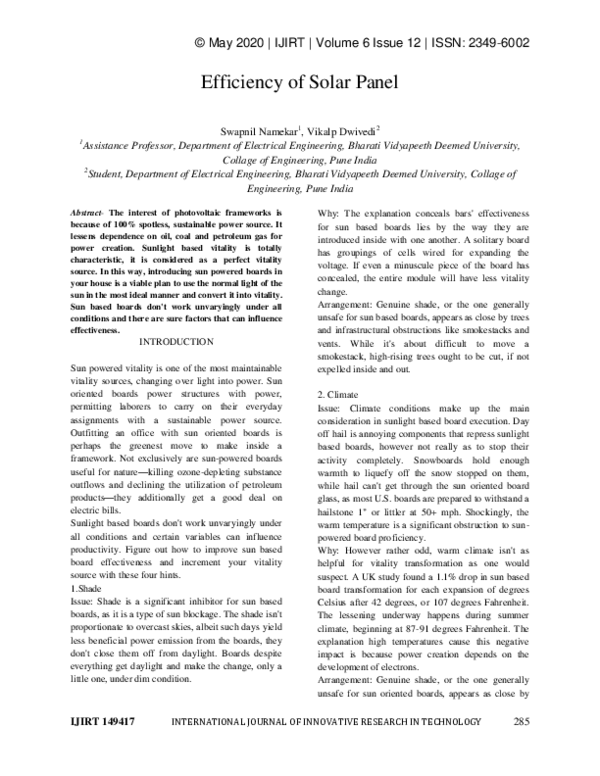 (PDF) Efficiency of Solar Panel