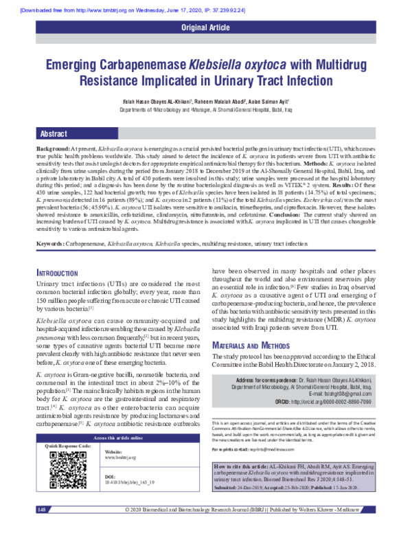 (PDF) Emerging Carbapenemase Klebsiella oxytoca with Multidrug