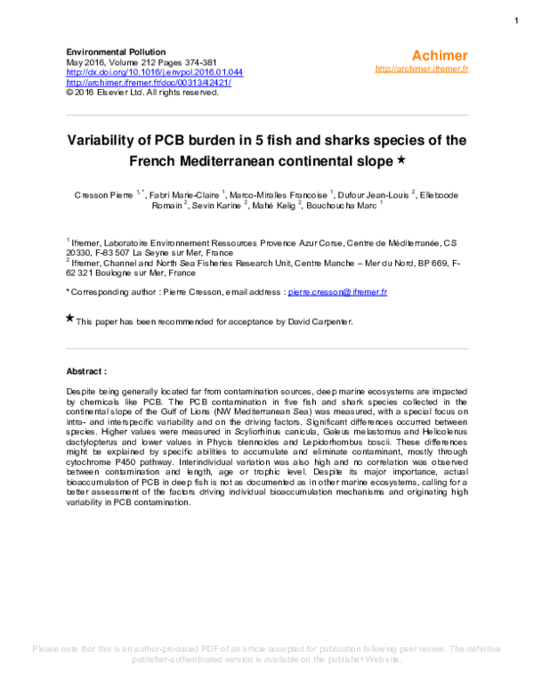 (PDF) Variability of PCB burden in 5 fish and sharks species of the ...