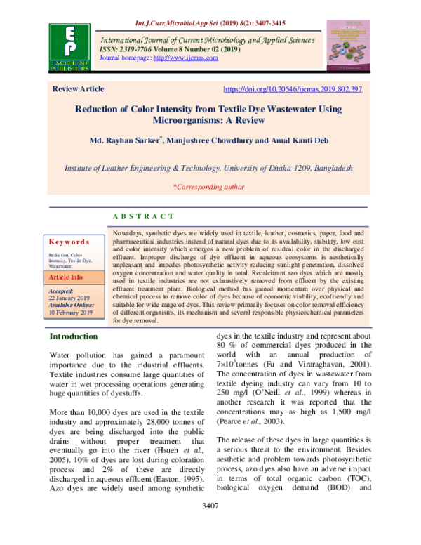 (PDF) Reduction of Color Intensity from Textile Dye Wastewater Using ...