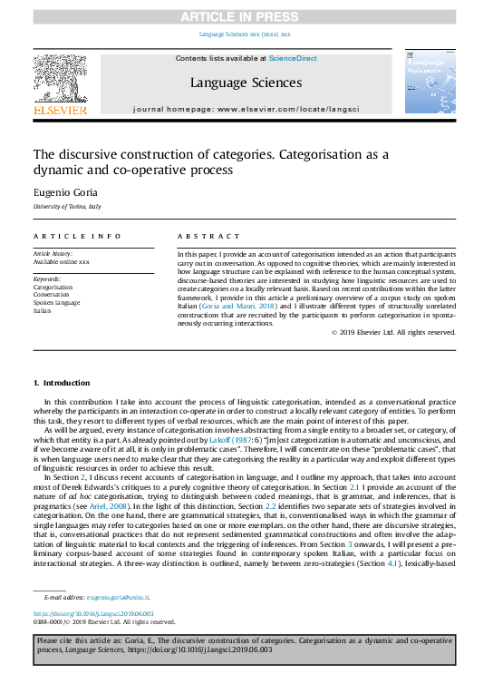 (PDF) The discursive construction of catgories. Categorization as a ...