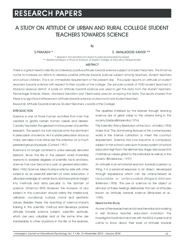 (PDF) A Study on Attitude of Urban & Rural students towards Science